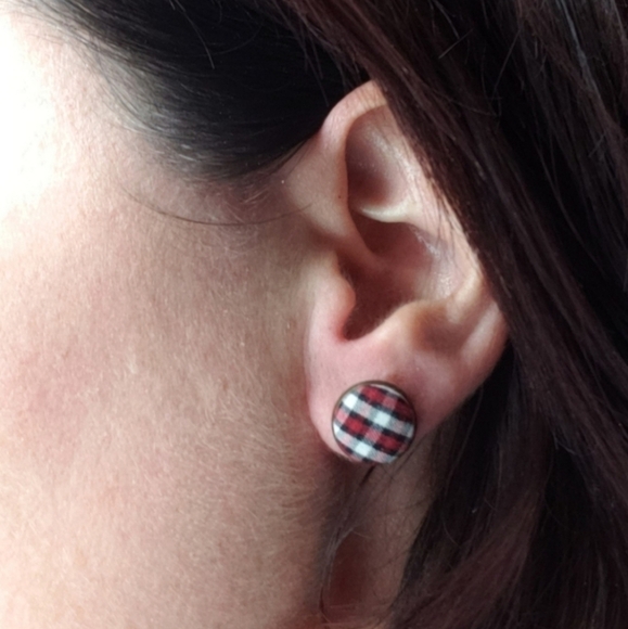 New Handmade | Upcycled Tan Cream Gray Plaid Stud Earrings - Picture 4 of 4